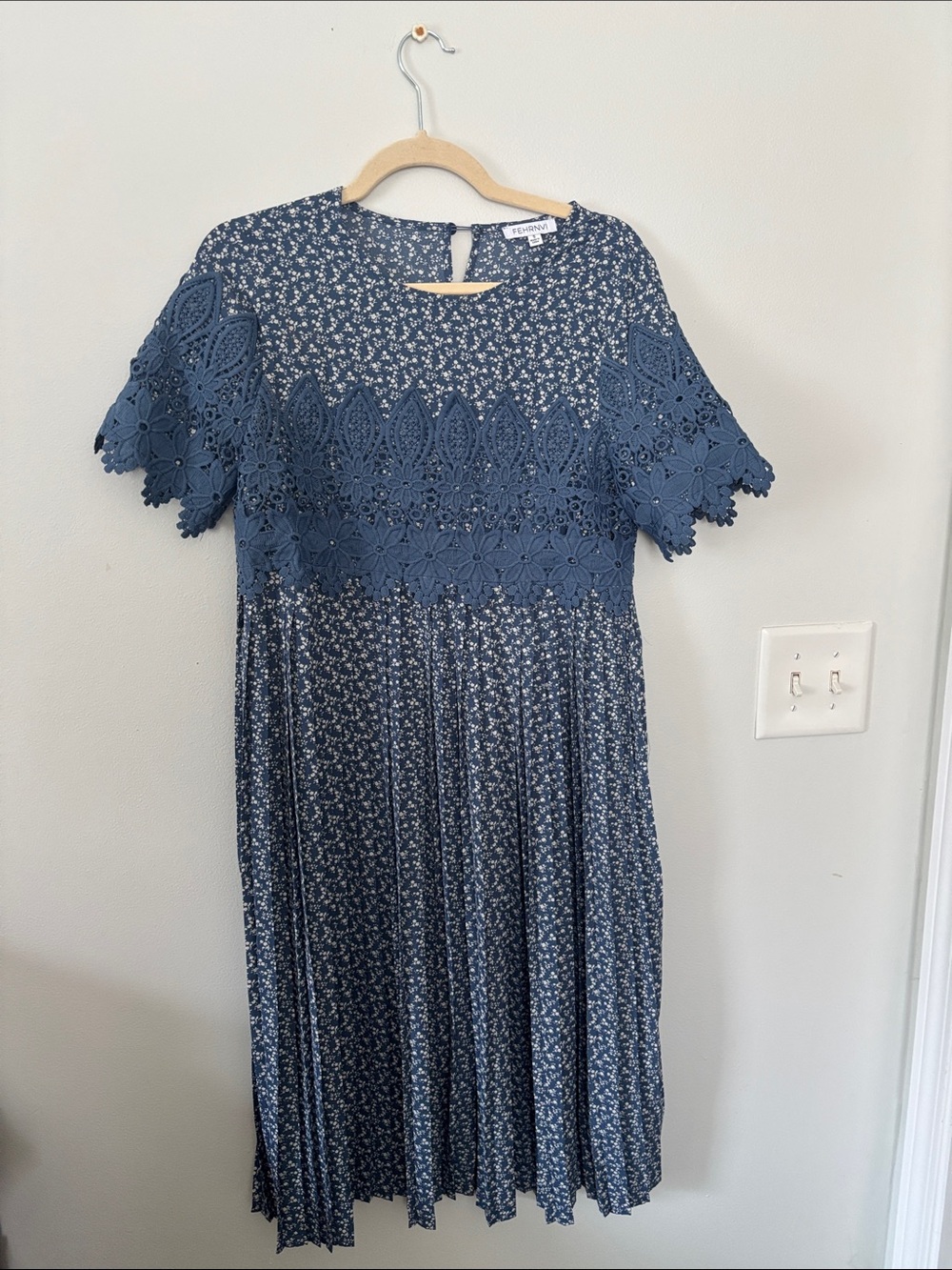 Navy Floral Crochet-Trim Midi Dress